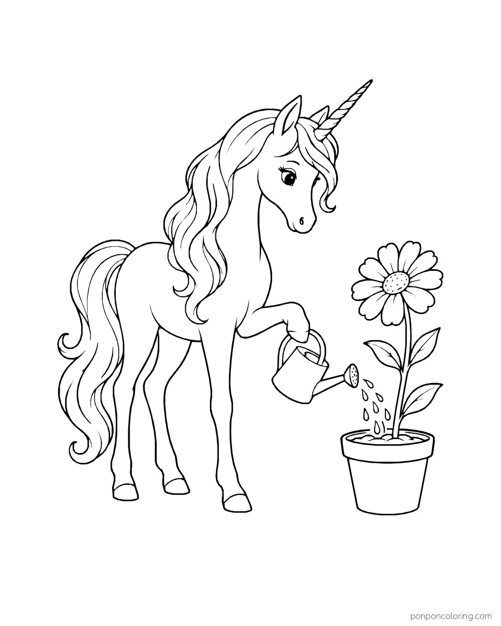 A unicorn tends a potted flower on a low garden shelf.