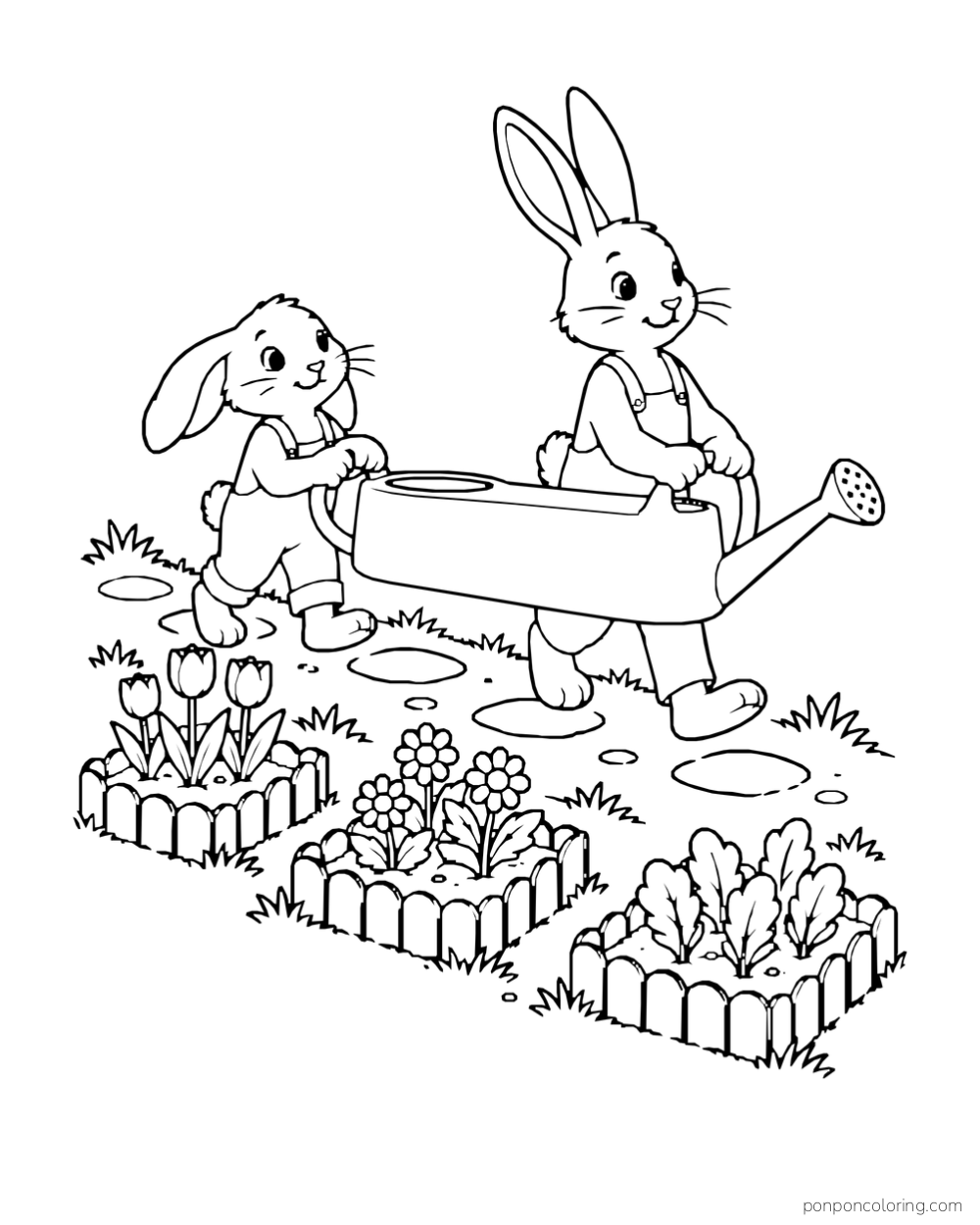 Two rabbits carry a long watering can past three small garden beds.