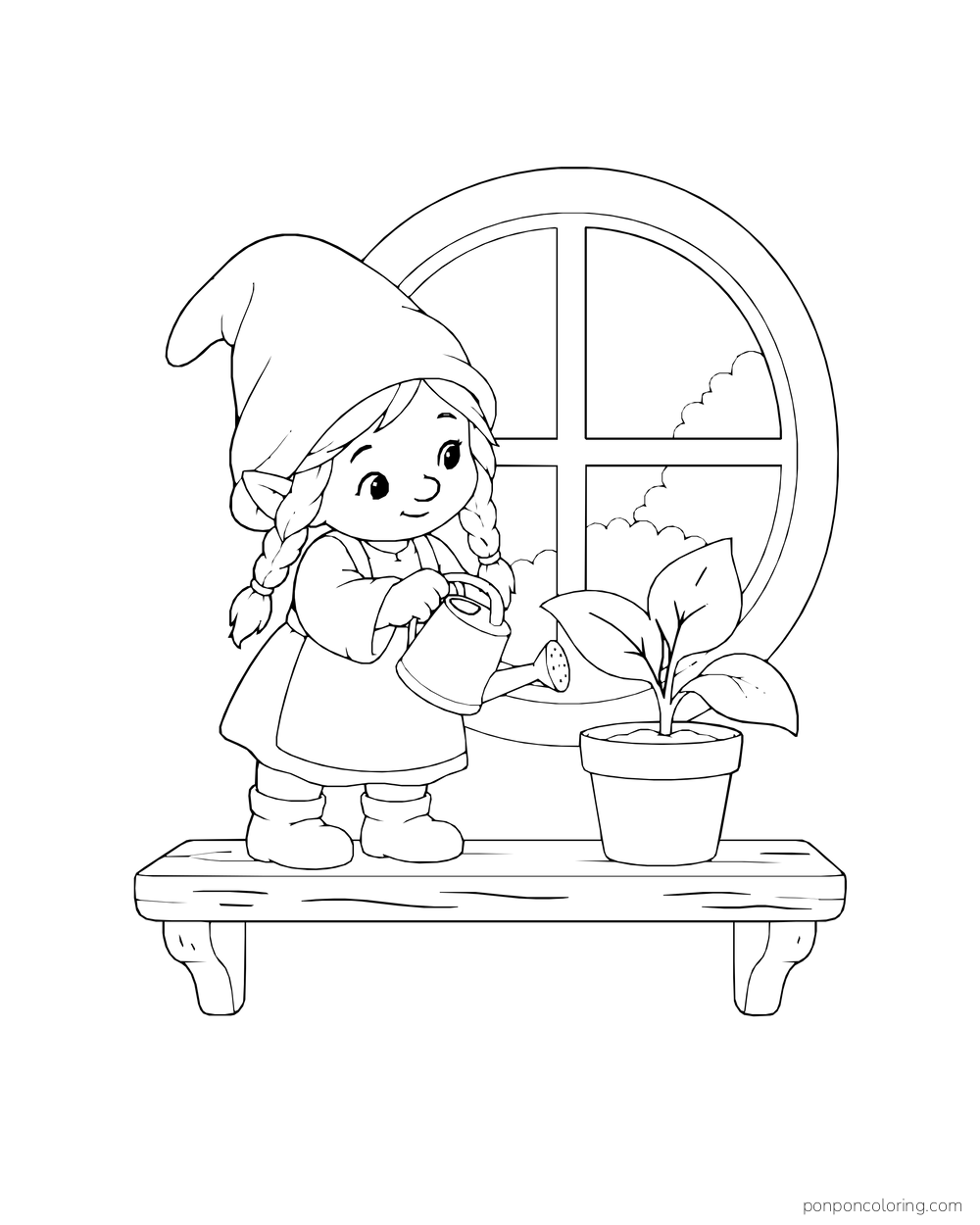 Braided gnome watering a leafy potted plant on a bench in front of a round window.