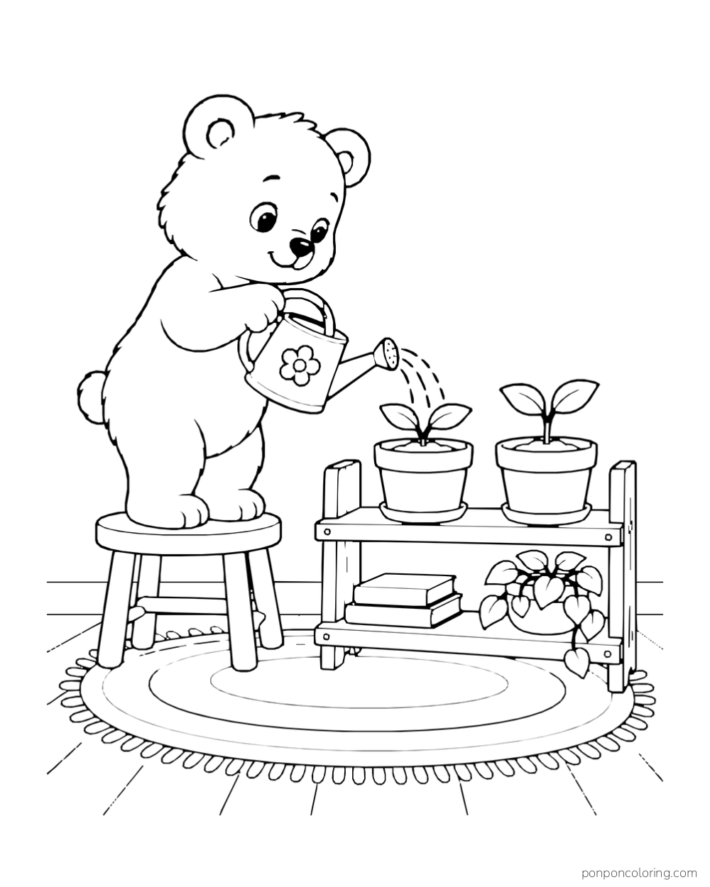 A bear cub on a stool waters two potted seedlings on a short shelf.