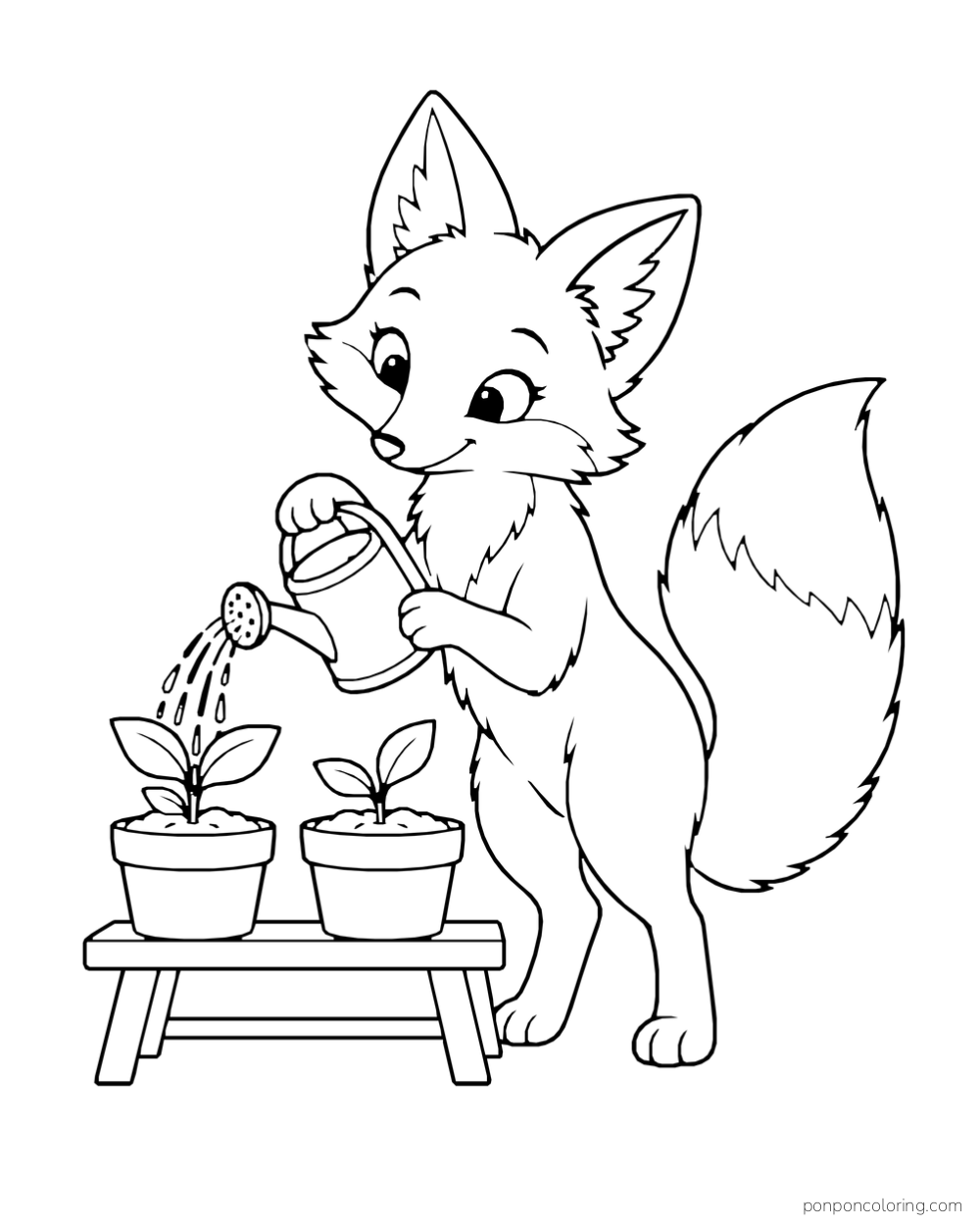 A fox tips a watering can toward two seedlings in pots on a low stand.
