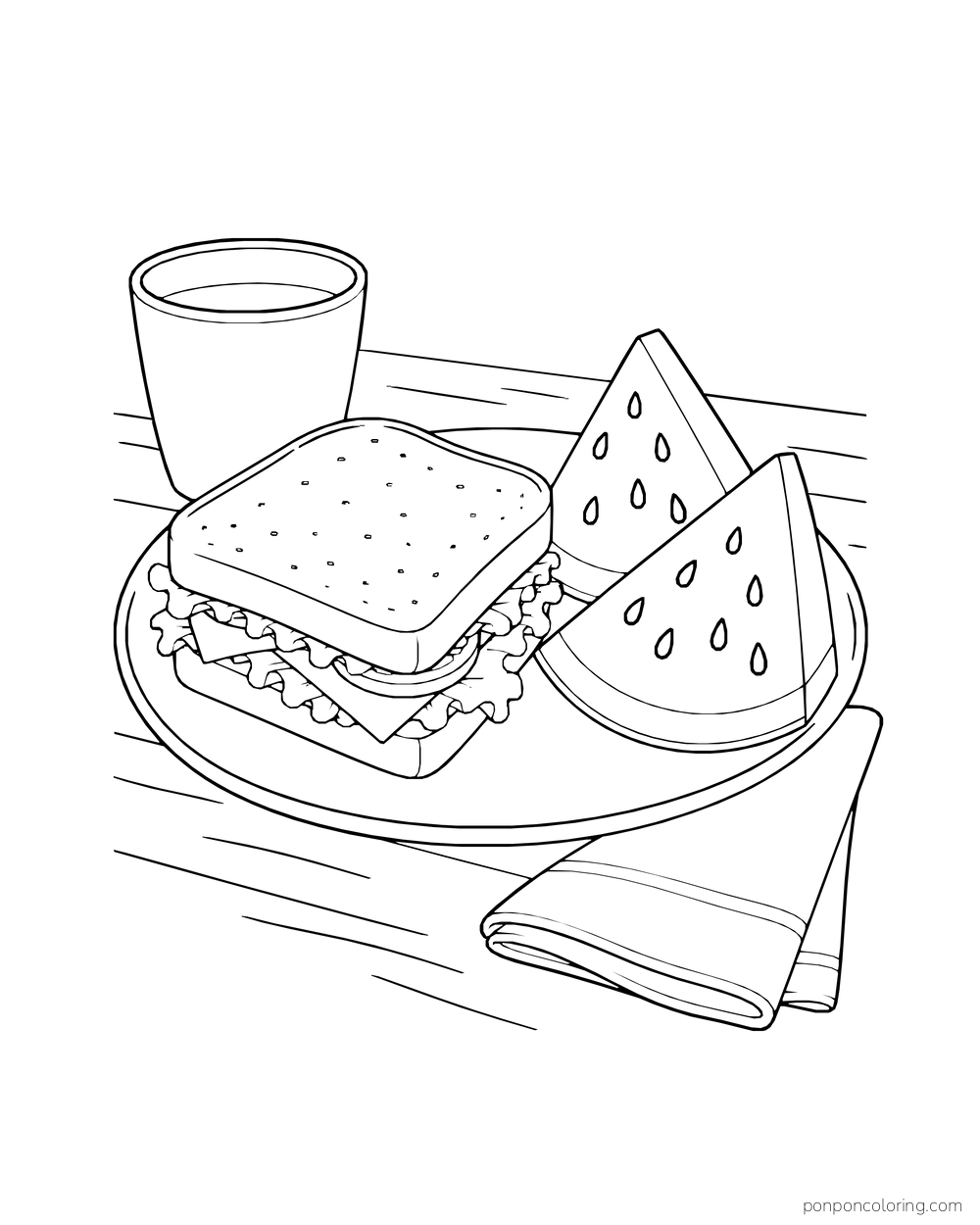 A lunch plate holding a sandwich and two watermelon wedges, with a cup and folded napkin.