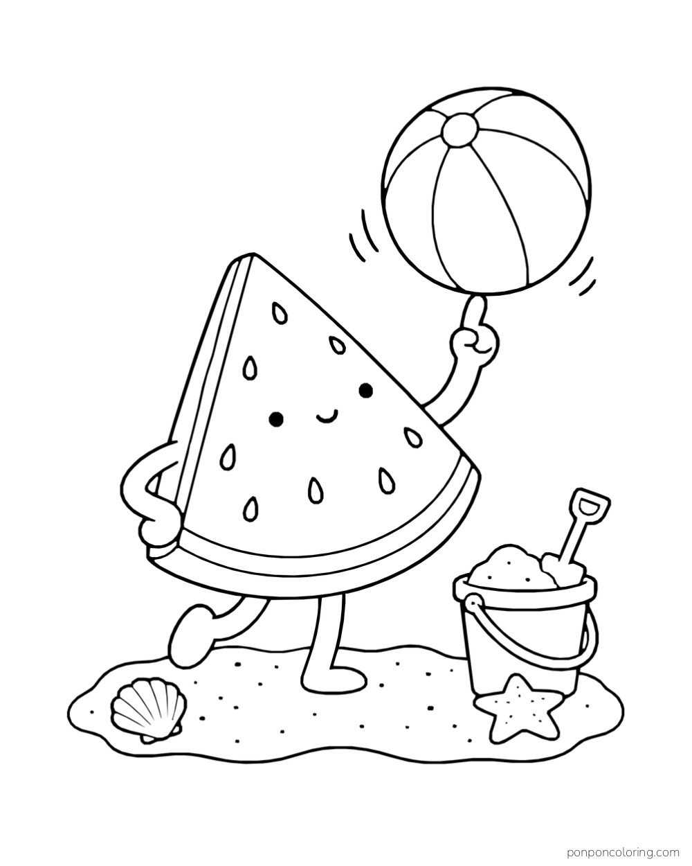 A watermelon slice balances a beach ball beside a sand bucket, shovel, shell and starfish.