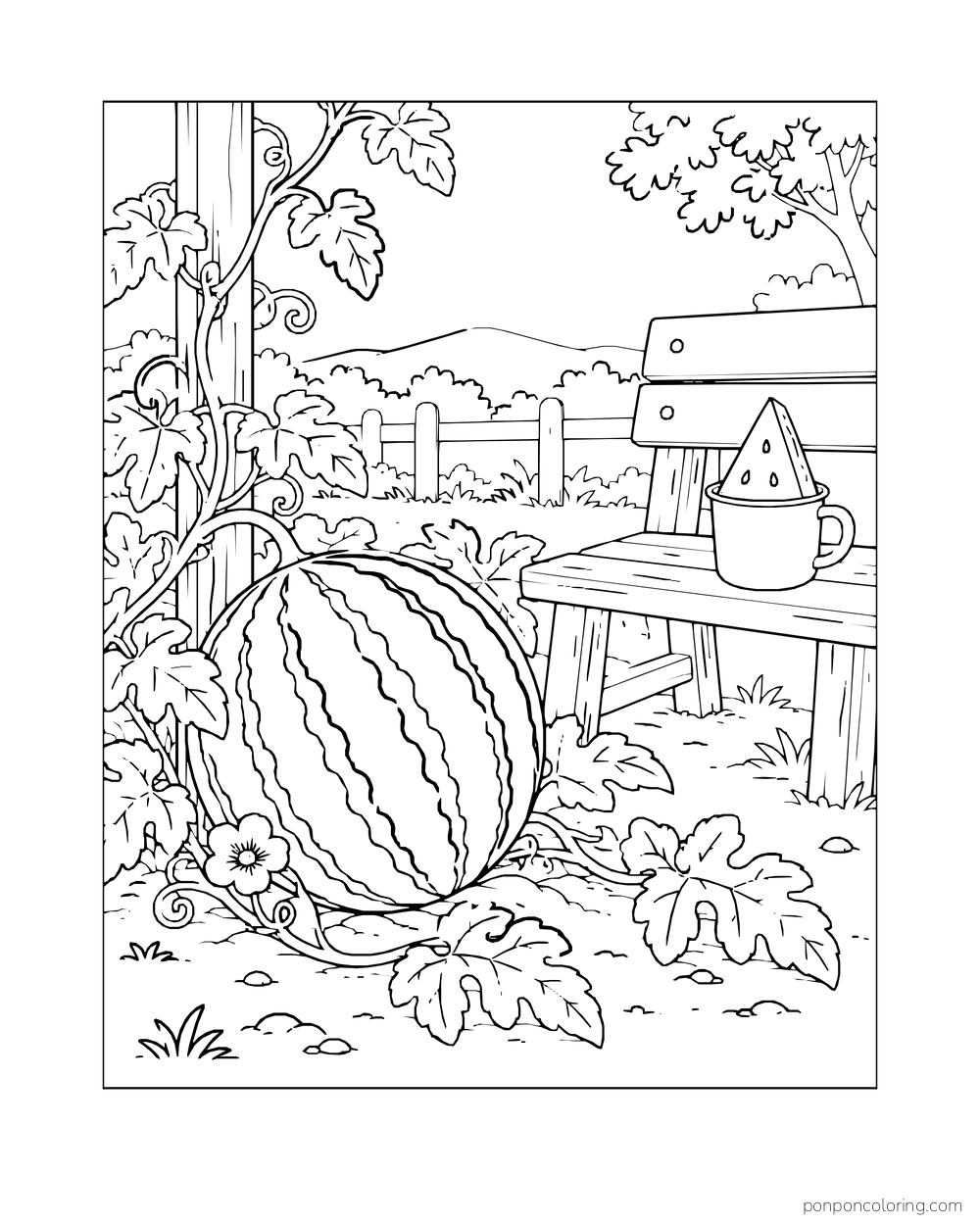 A whole watermelon growing beside a garden bench with a cut wedge resting in a cup.