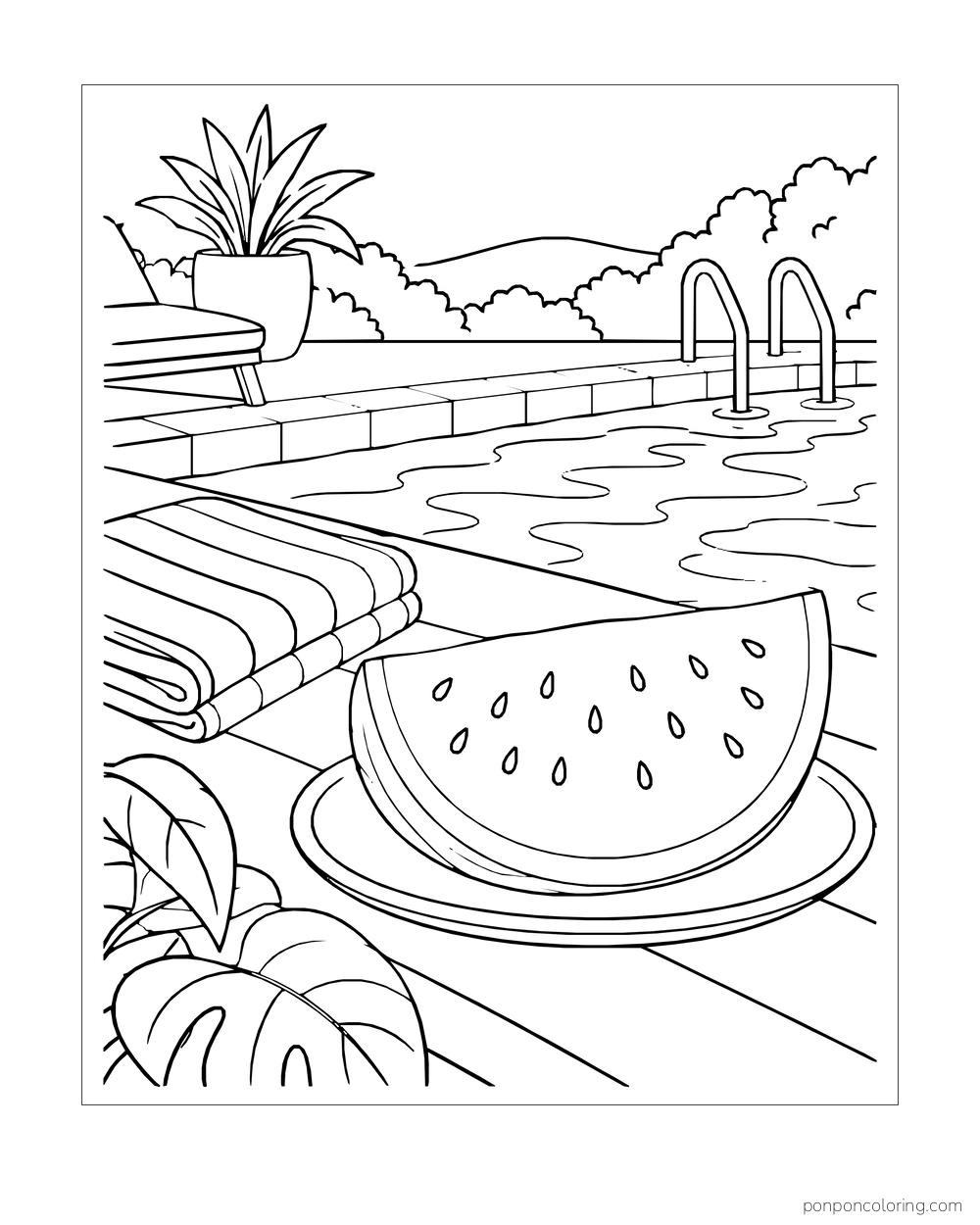 A watermelon wedge on a plate by a pool with a folded striped towel and potted plant.