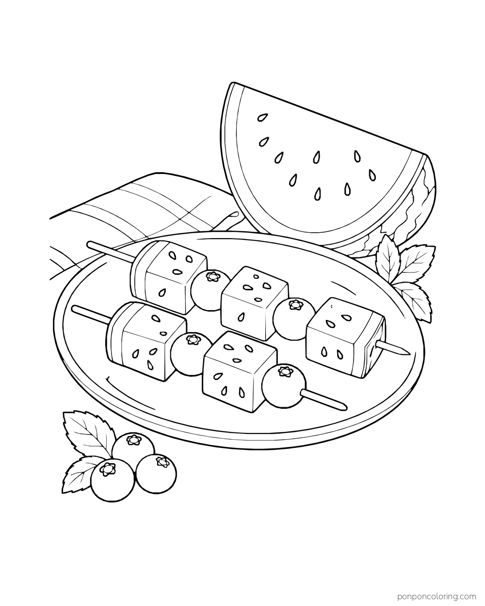 Two fruit skewers with watermelon cubes and round berries on a plate beside a cut wedge.