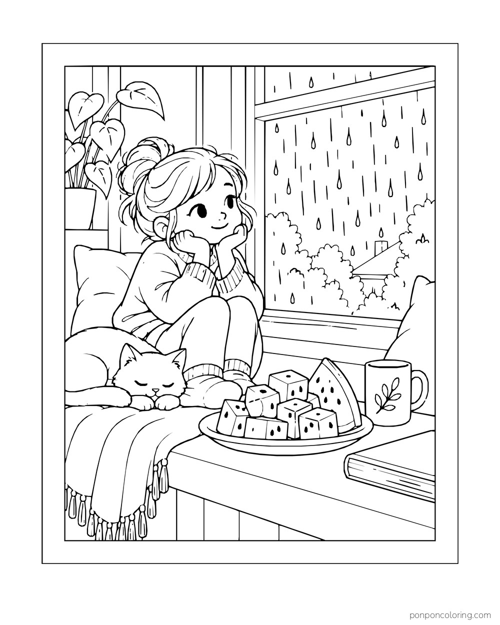 A child and sleeping kitten at a rainy window seat with a plate of watermelon cubes and a mug.