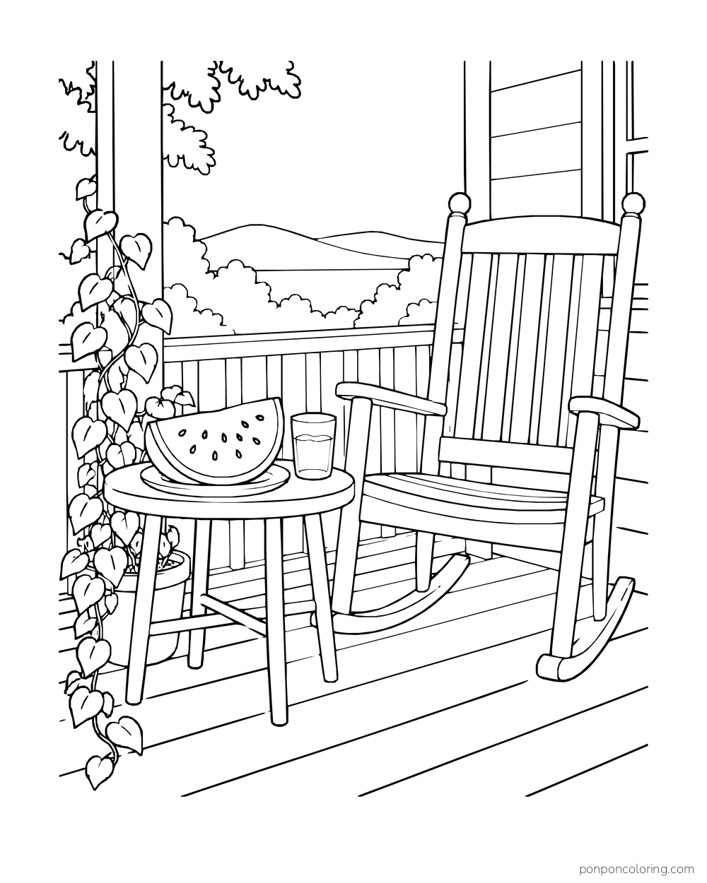 A watermelon wedge and drink on a side table beside an empty porch rocking chair.