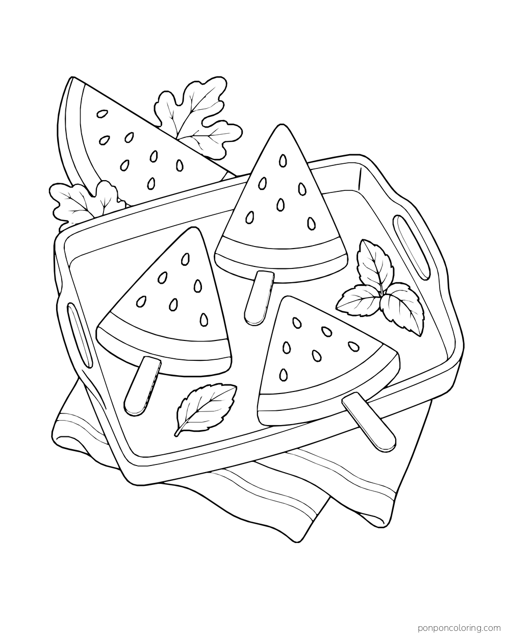 Three watermelon-shaped ice pops on sticks on a tray with cut wedges and leaves.