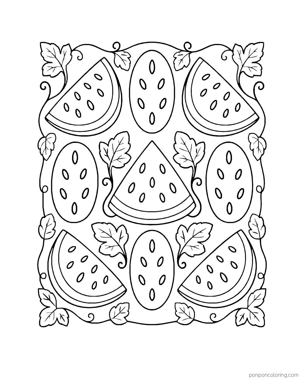 A symmetric pattern of watermelon wedges, oval seed motifs, vine leaves, and curls.