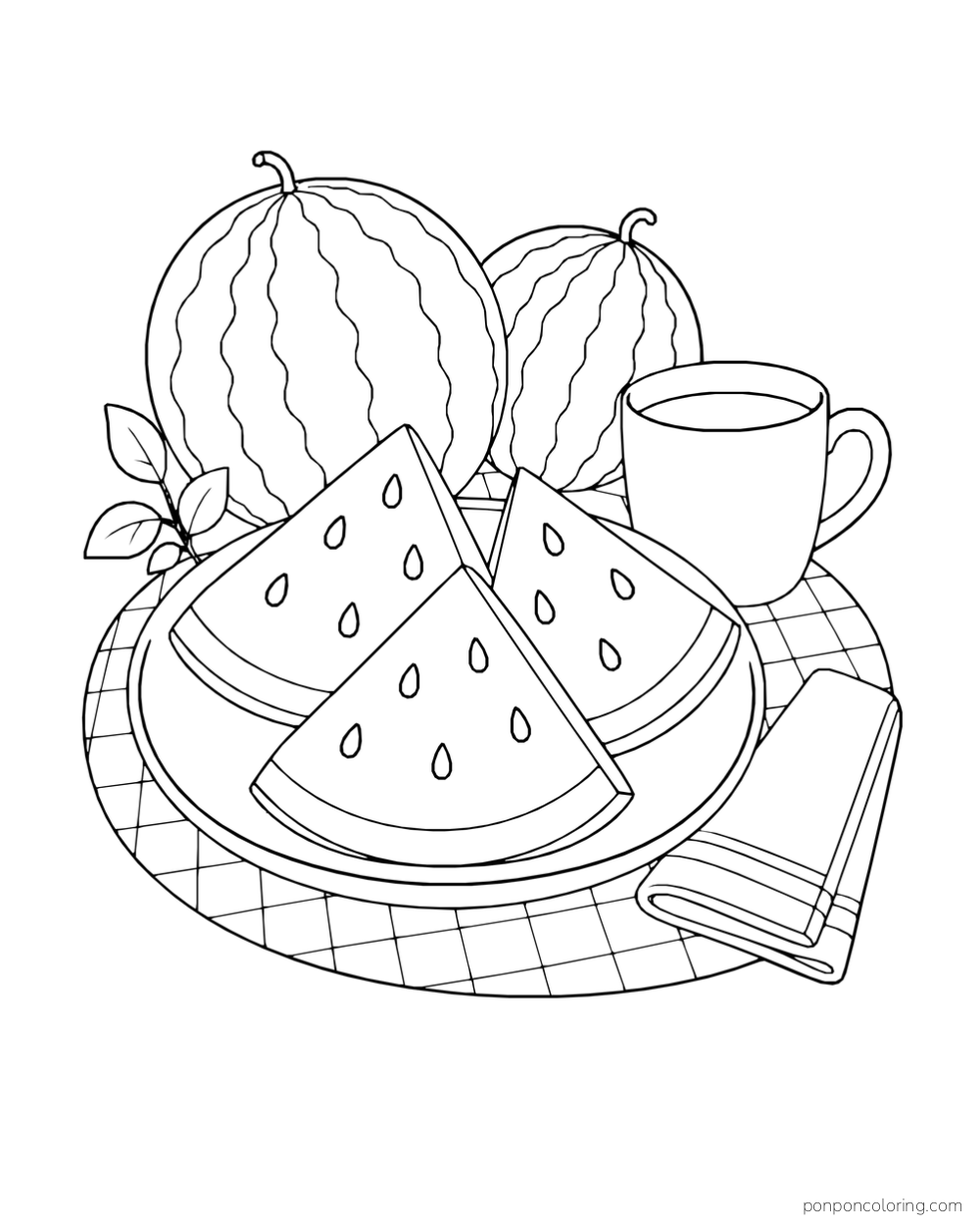 Three watermelon wedges on a plate with two whole melons, a mug, a folded napkin, and a checkered oval cloth.