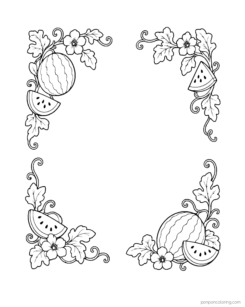 Four corner arrangements of small melons, wedges, leaves, and blossoms around a blank center.
