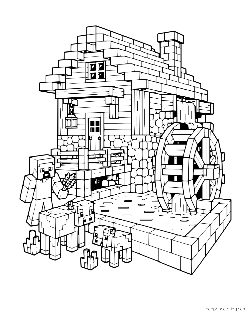 A complete stone-and-wood watermill stands beside Steve and farm animals.