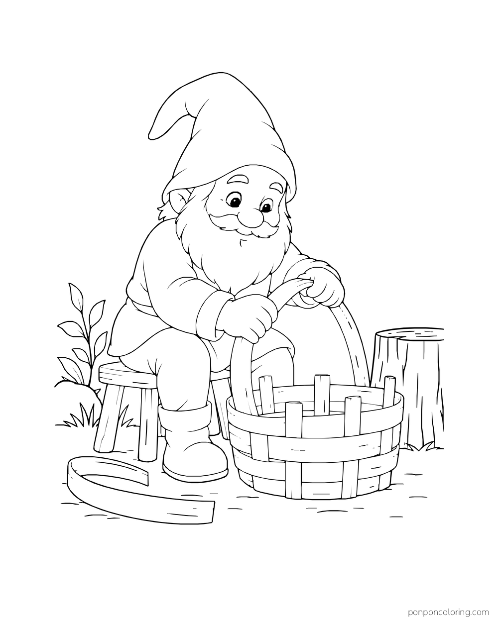 Seated gnome bending a strip into the handle of a partly woven basket.