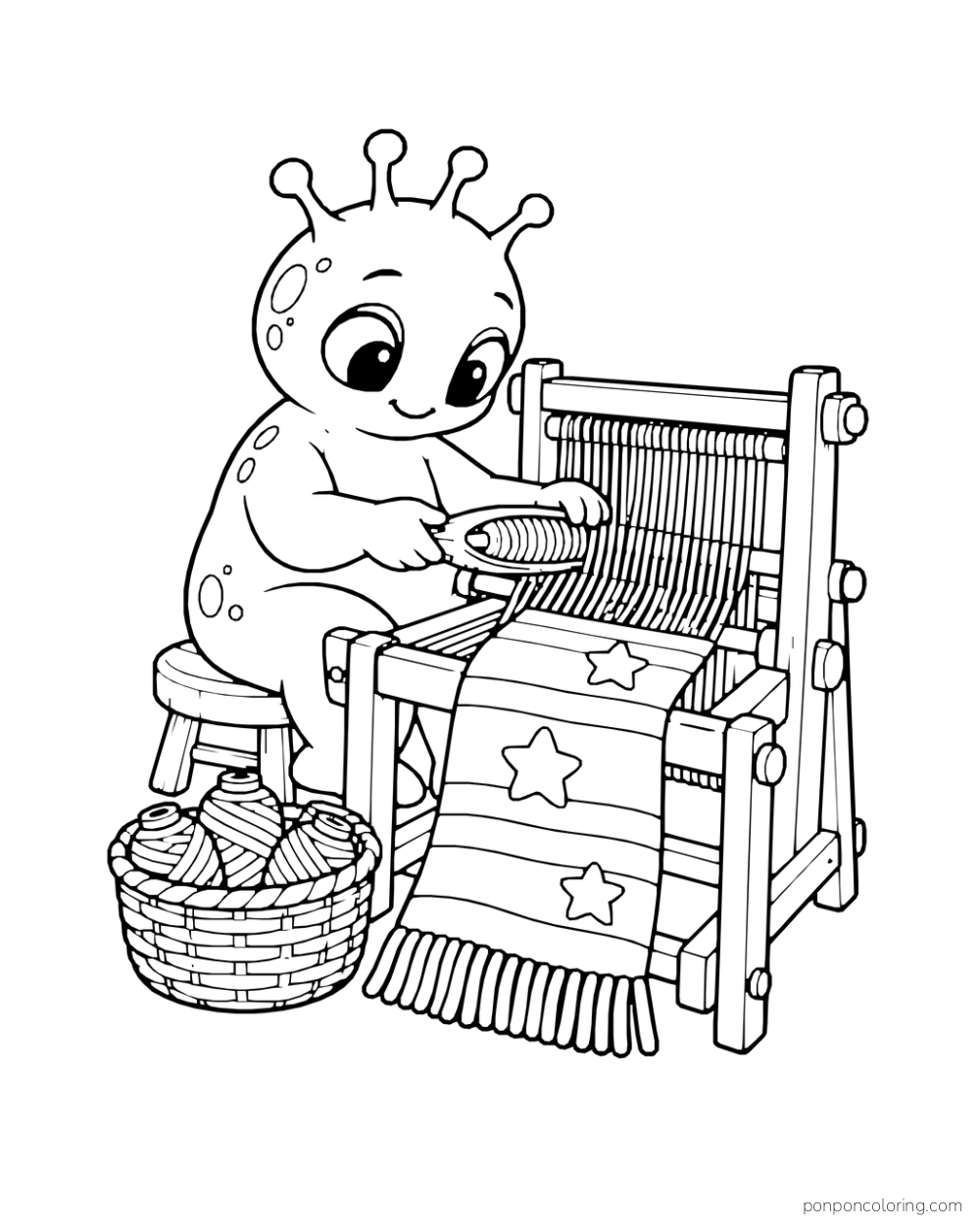 An alien weaves a star-patterned scarf at a floor loom.