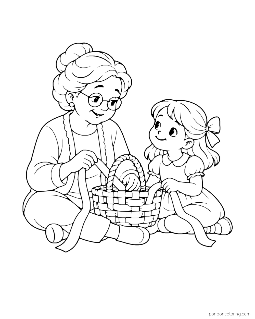 A grandmother and child sit together threading long ribbons through a small basket.