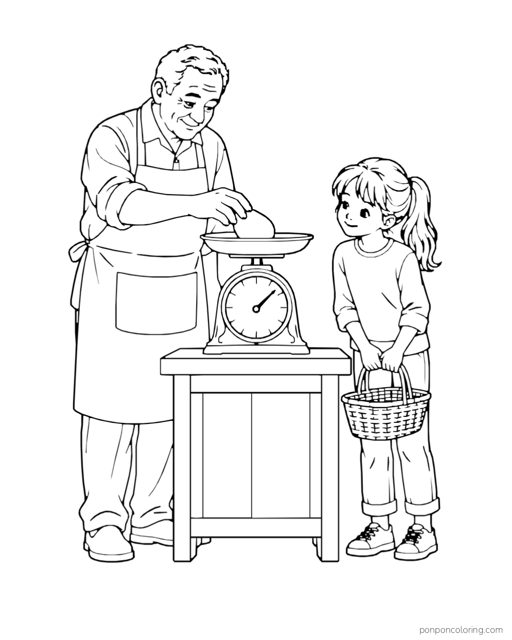 An older man weighs an avocado on a dial scale while a girl holds a market basket.