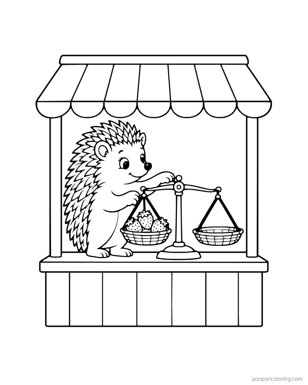 A hedgehog uses a balance scale at a little stall with berries in one pan.