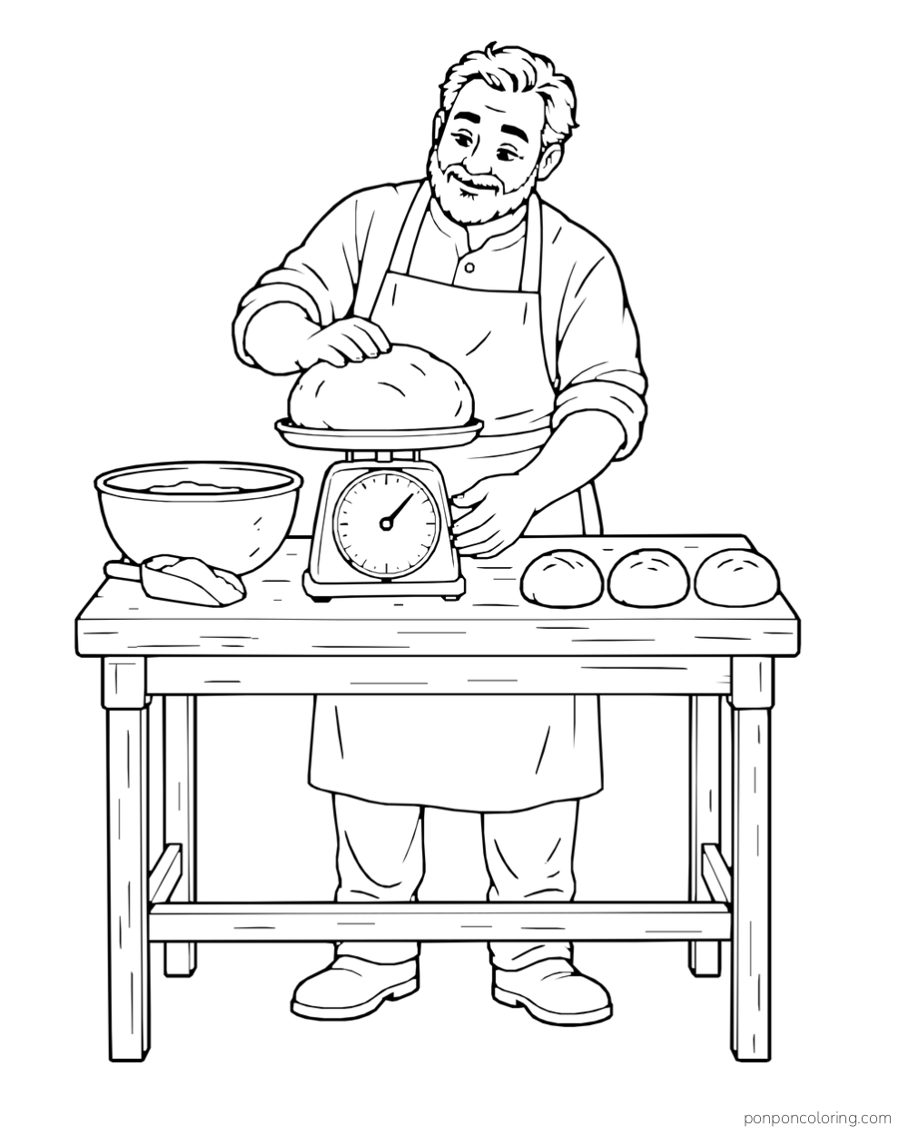 An adult baker sets a rounded piece of dough on a kitchen scale beside a bowl and three rolls.