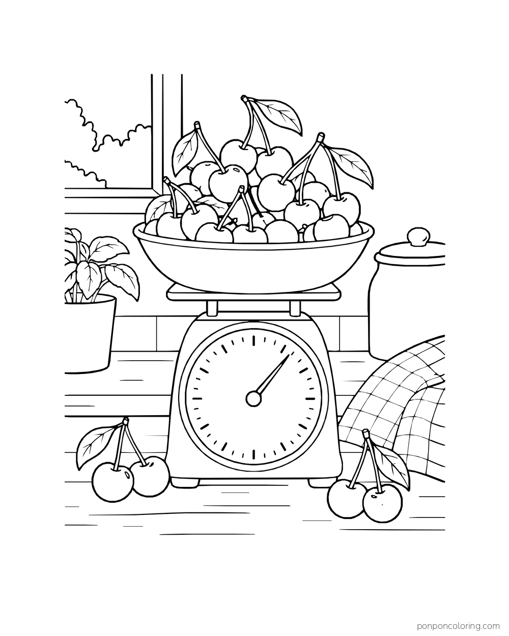 A dial kitchen scale supports a full bowl of cherries, with two loose fruit near its base.