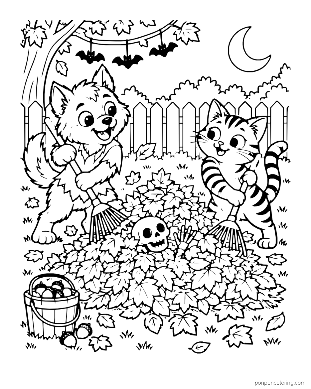 A werewolf puppy and striped cat rake a large pile of autumn leaves as a smiling skeleton skull pops out, with bats hanging over a fence