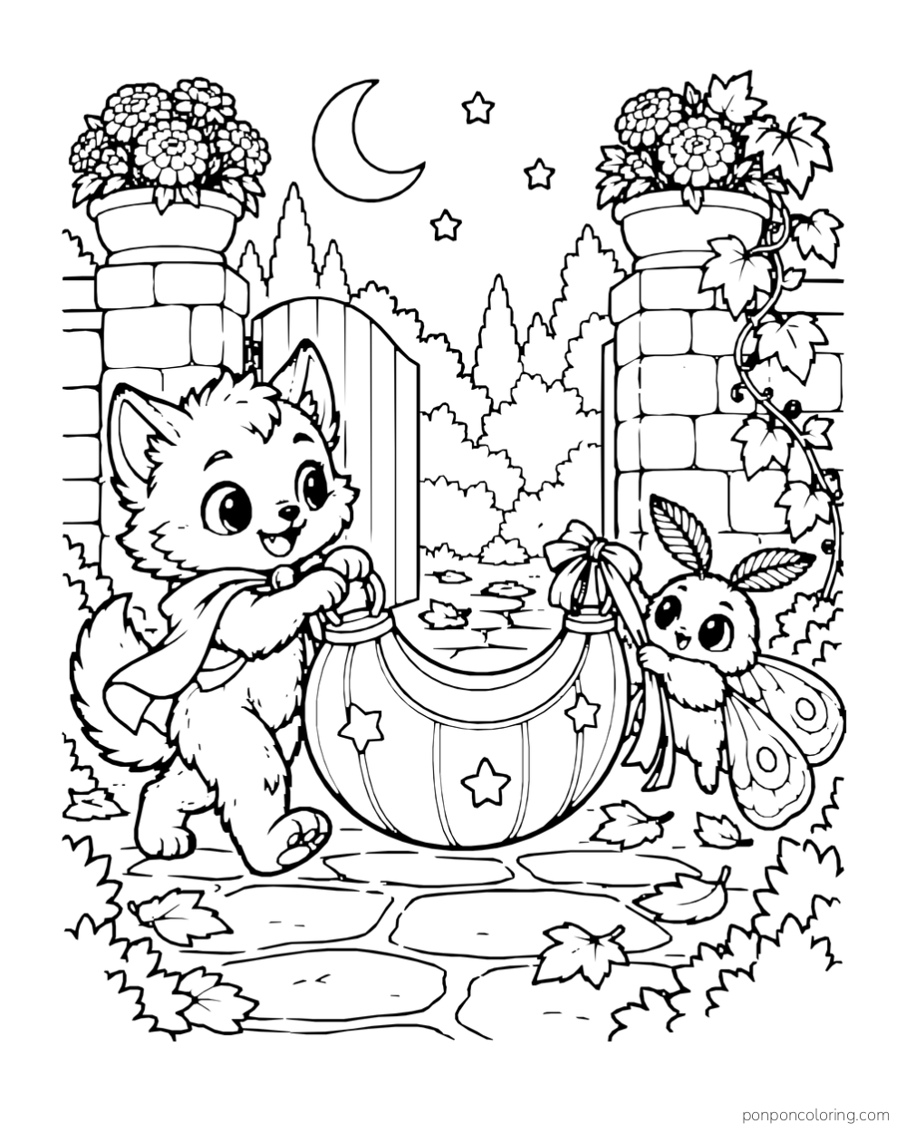 A little werewolf and moth carry a crescent-shaped lantern between flower-topped stone gateposts in an autumn garden