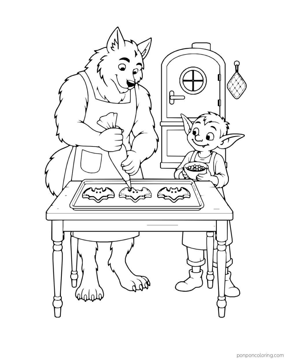 An adult werewolf baker pipes icing onto three bat shaped cookies while a young goblin assistant holds a bowl of star sprinkles beside the oven.