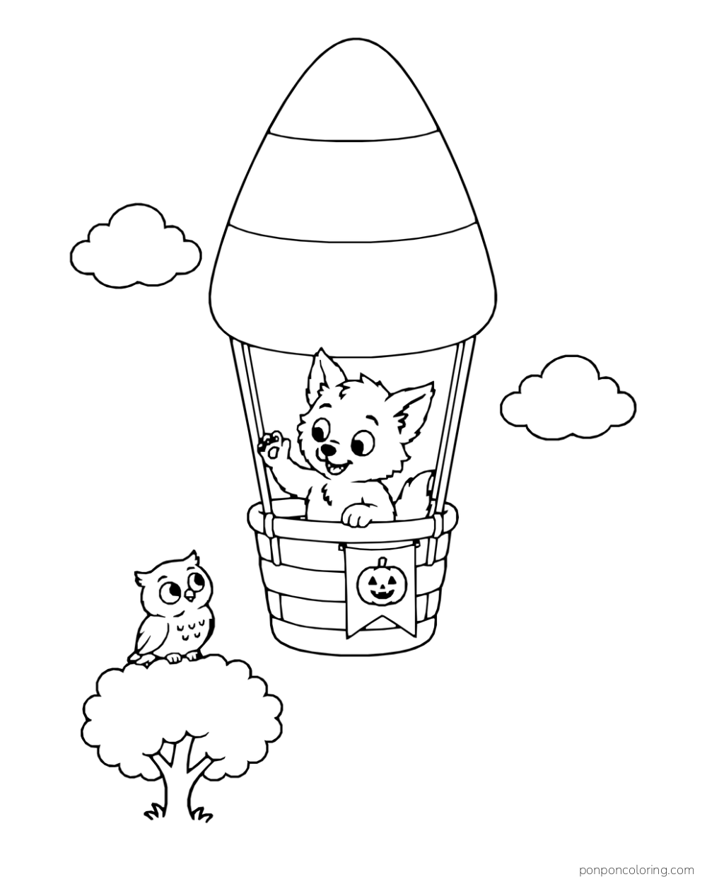 A fluffy werewolf cub waves from a candy corn balloon to an owl in a little tree.