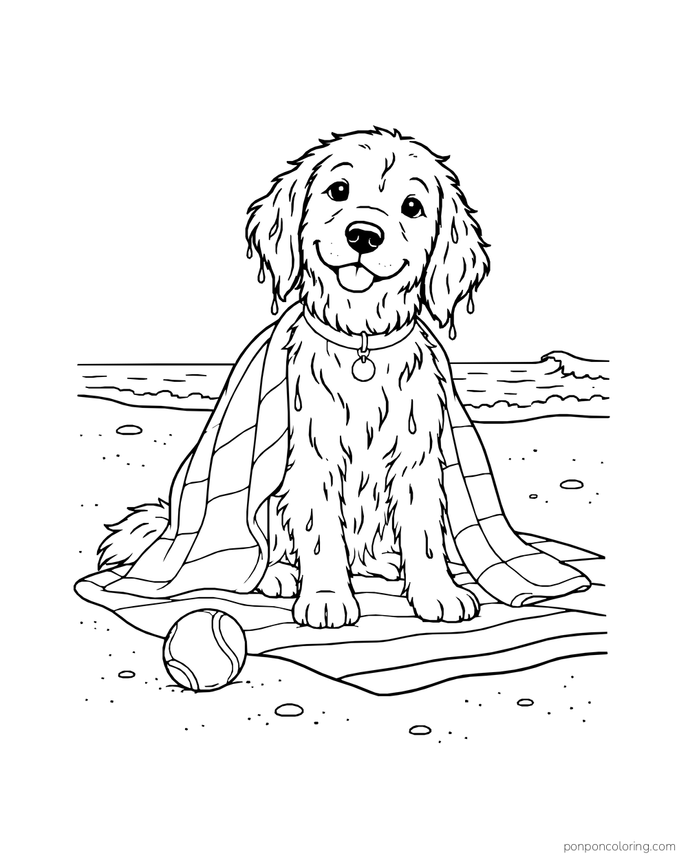 A wet dog sits on a striped towel with a ball nearby.