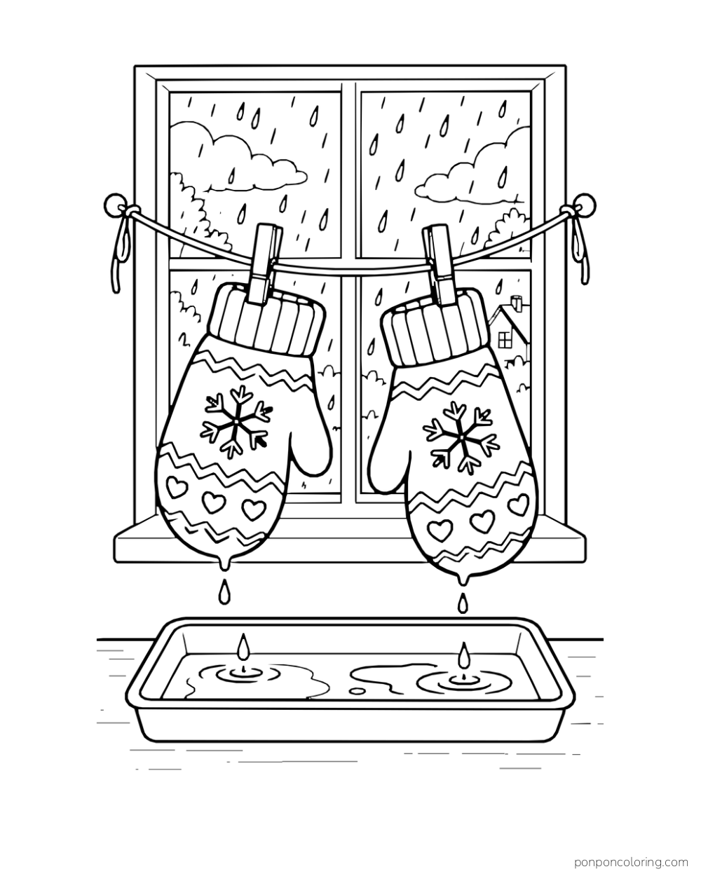 A pair of wet mittens hangs above a drip tray beside a rainy window.