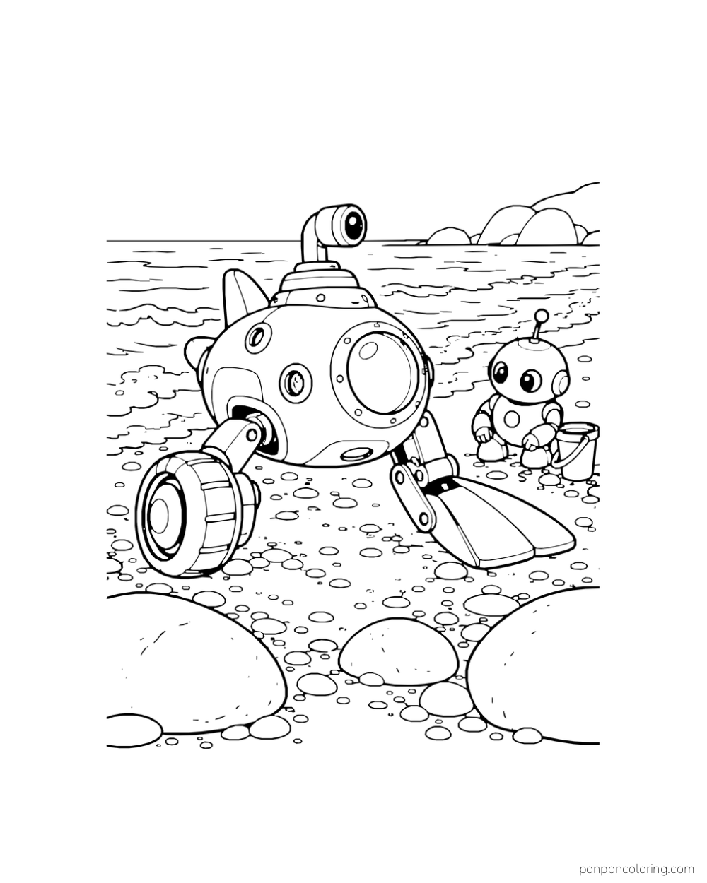 A submarine robot changes a wheel pod into a flipper at the shore.