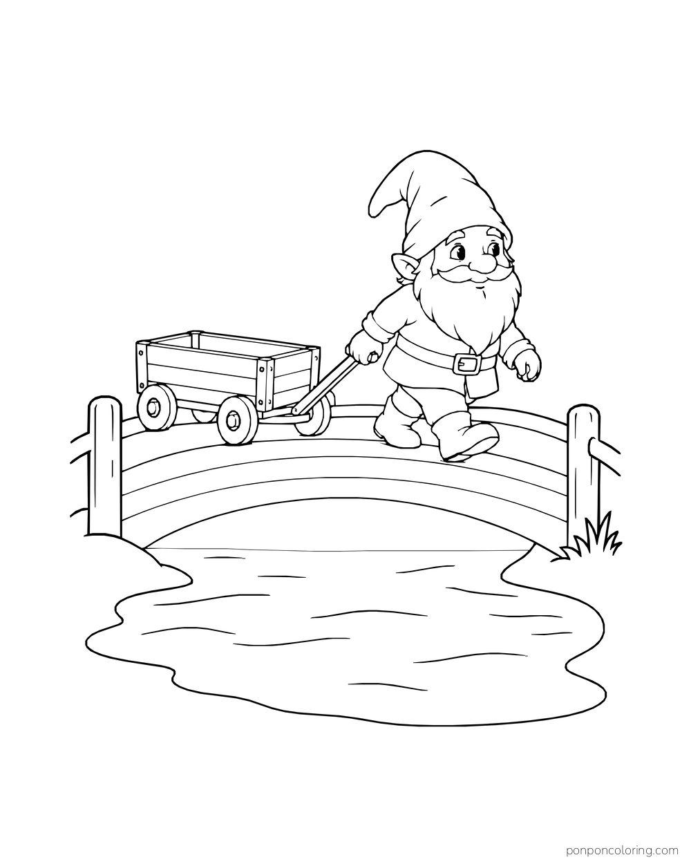 Gnome pulling an empty wagon over a short arched bridge above a stream.