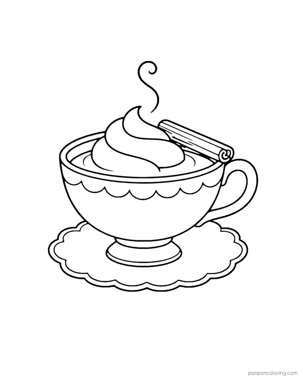 A footed cocoa cup with whipped cream and a cinnamon stick rests on a scalloped saucer.
