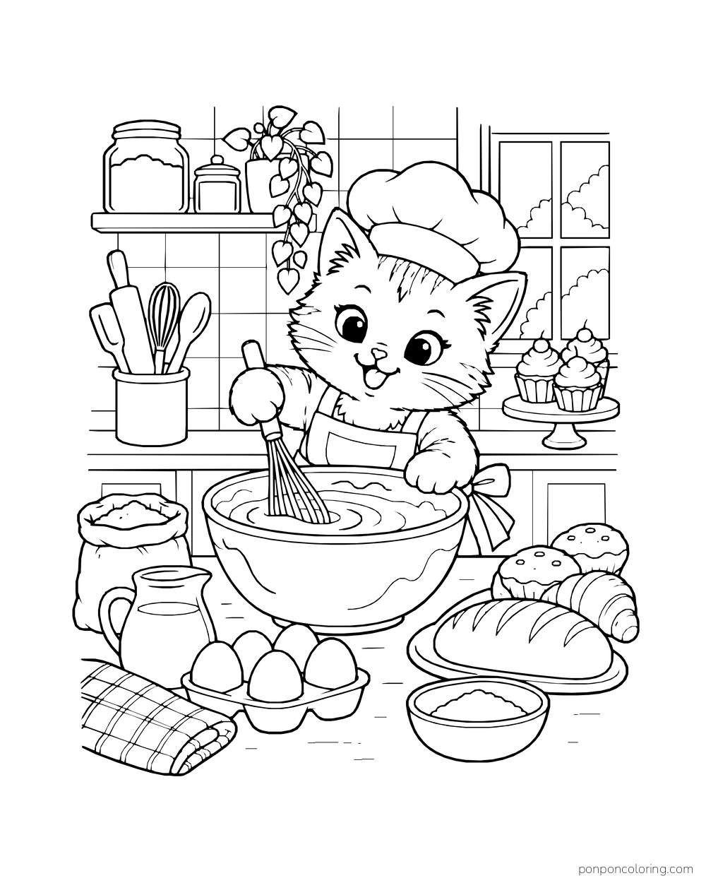 A kitten baker whisks batter in a wide bowl beside eggs, flour, and pastries.