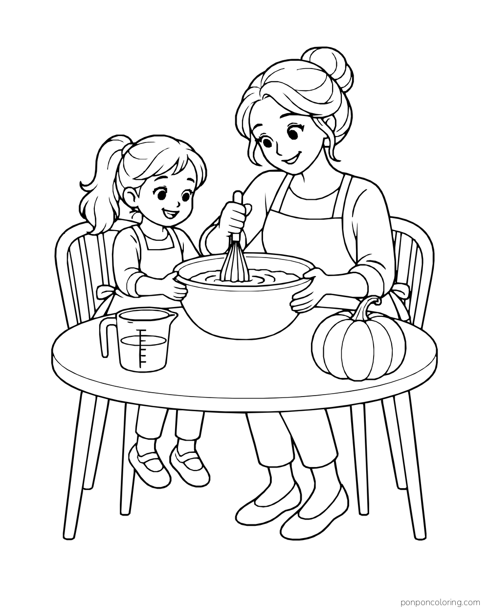 A parent and child whisk batter at a table beside a measuring cup and pumpkin.