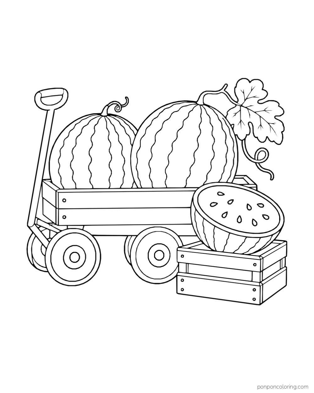 Two striped watermelons in a wagon beside a halved melon on a wooden crate, with a curling vine and a broad leaf.