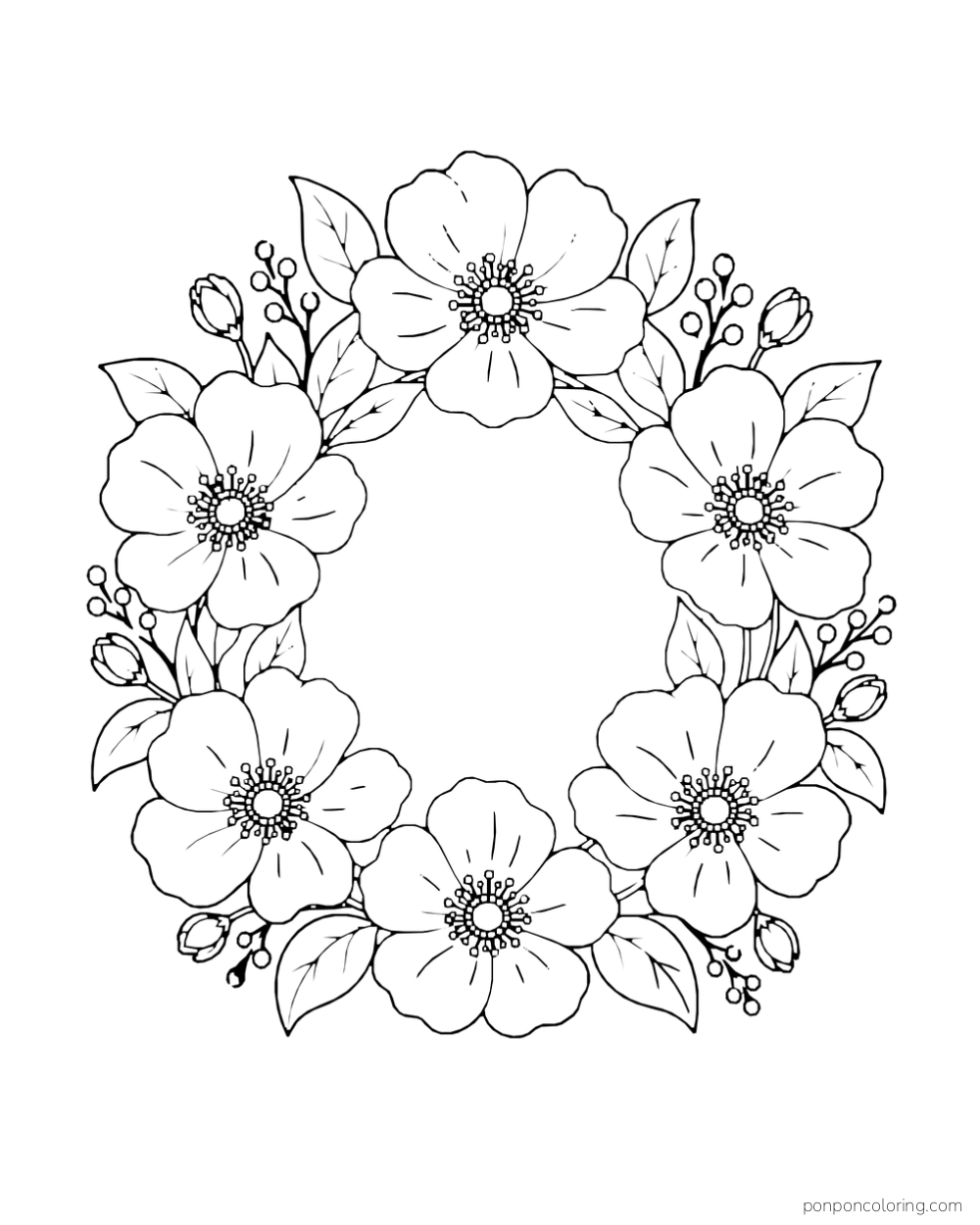 Broad-petaled flowers, buds, and pointed leaves form a round wreath with an open center.