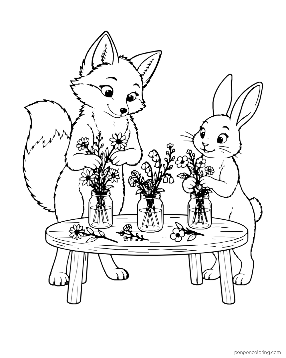 A fox and rabbit arrange flowers in three small jars on a low table.
