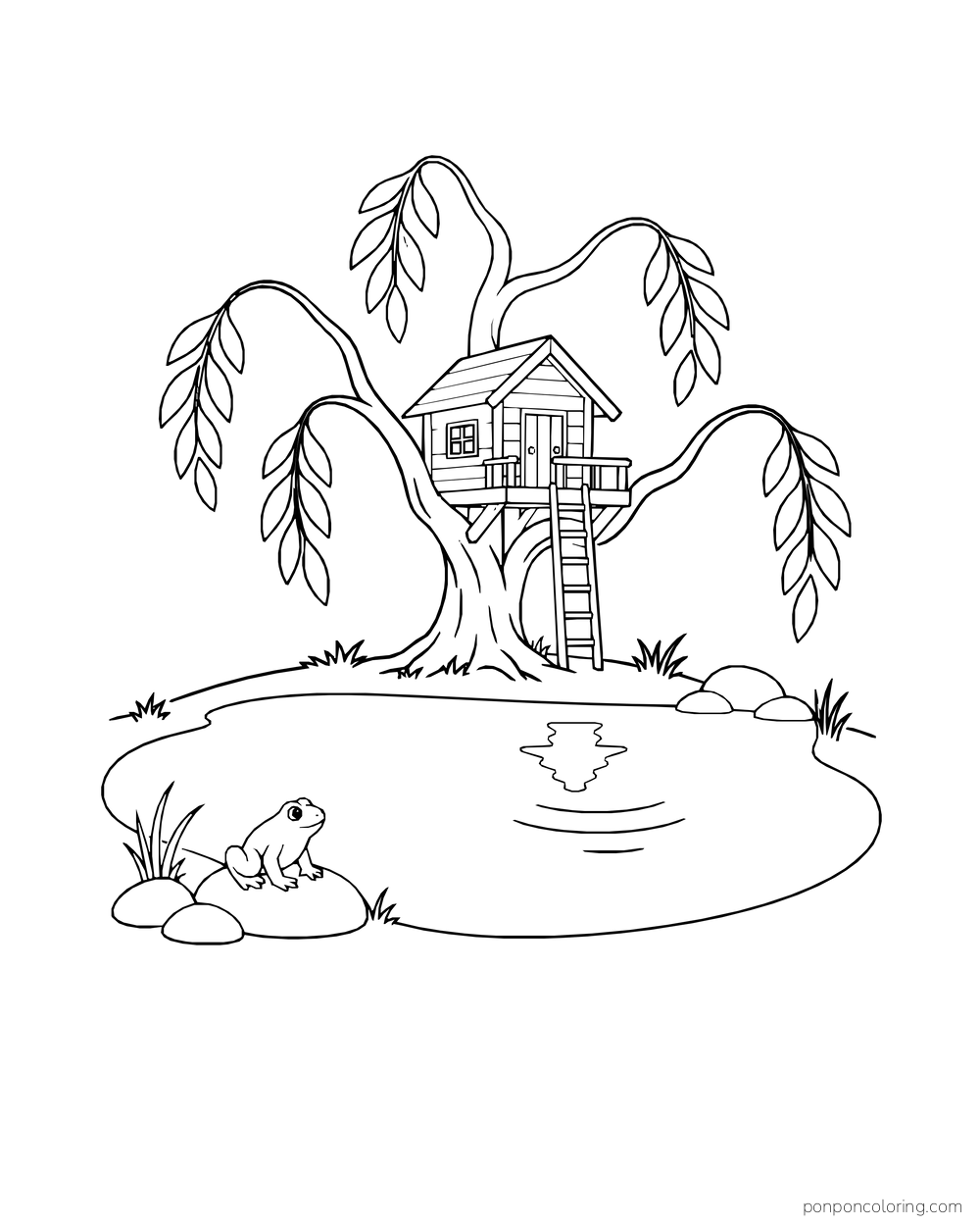 A simple treehouse stands in a willow beside a pond, with a frog on a stone and part of the roof reflected in the water.