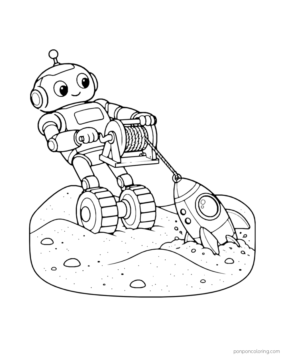 Wheeled robot uses a hand winch to pull a toy spaceship from sand.