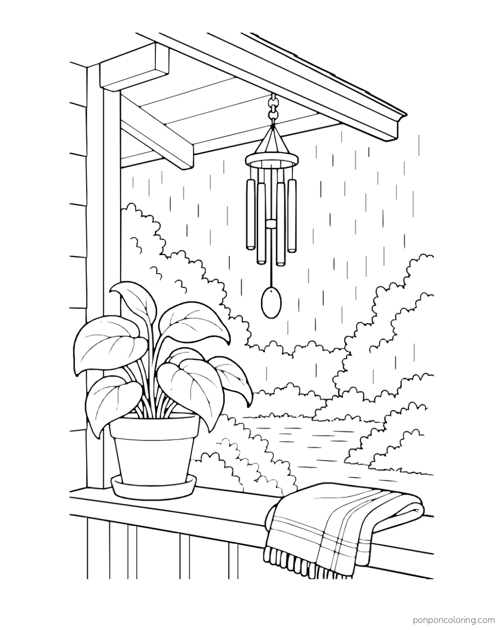 Wind chimes hang above a leafy pot and folded cloth under a rainy eave.