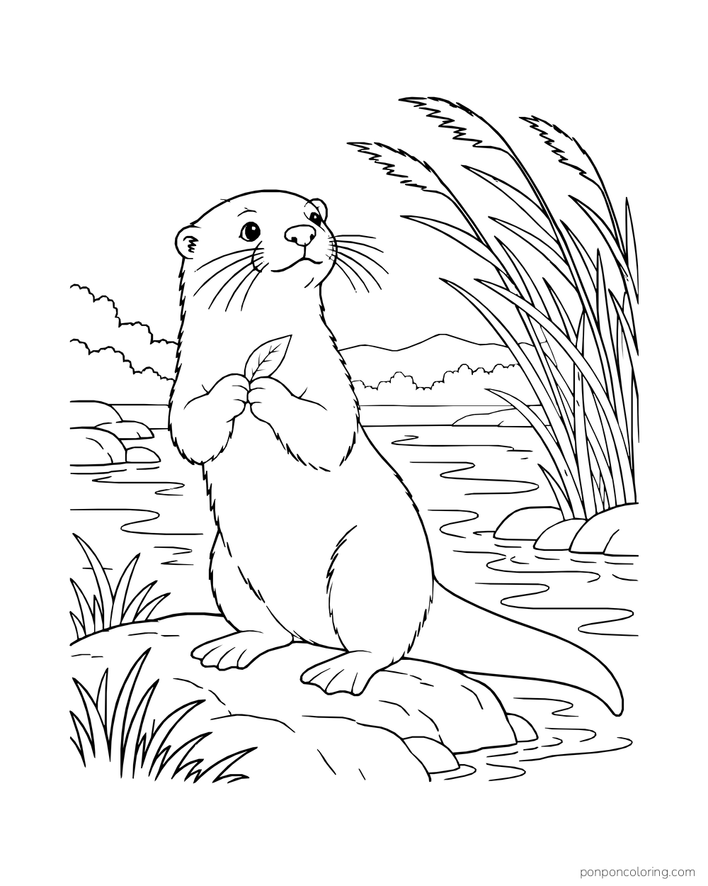 Otter holding a small leaf as tall reeds bend beside the river.