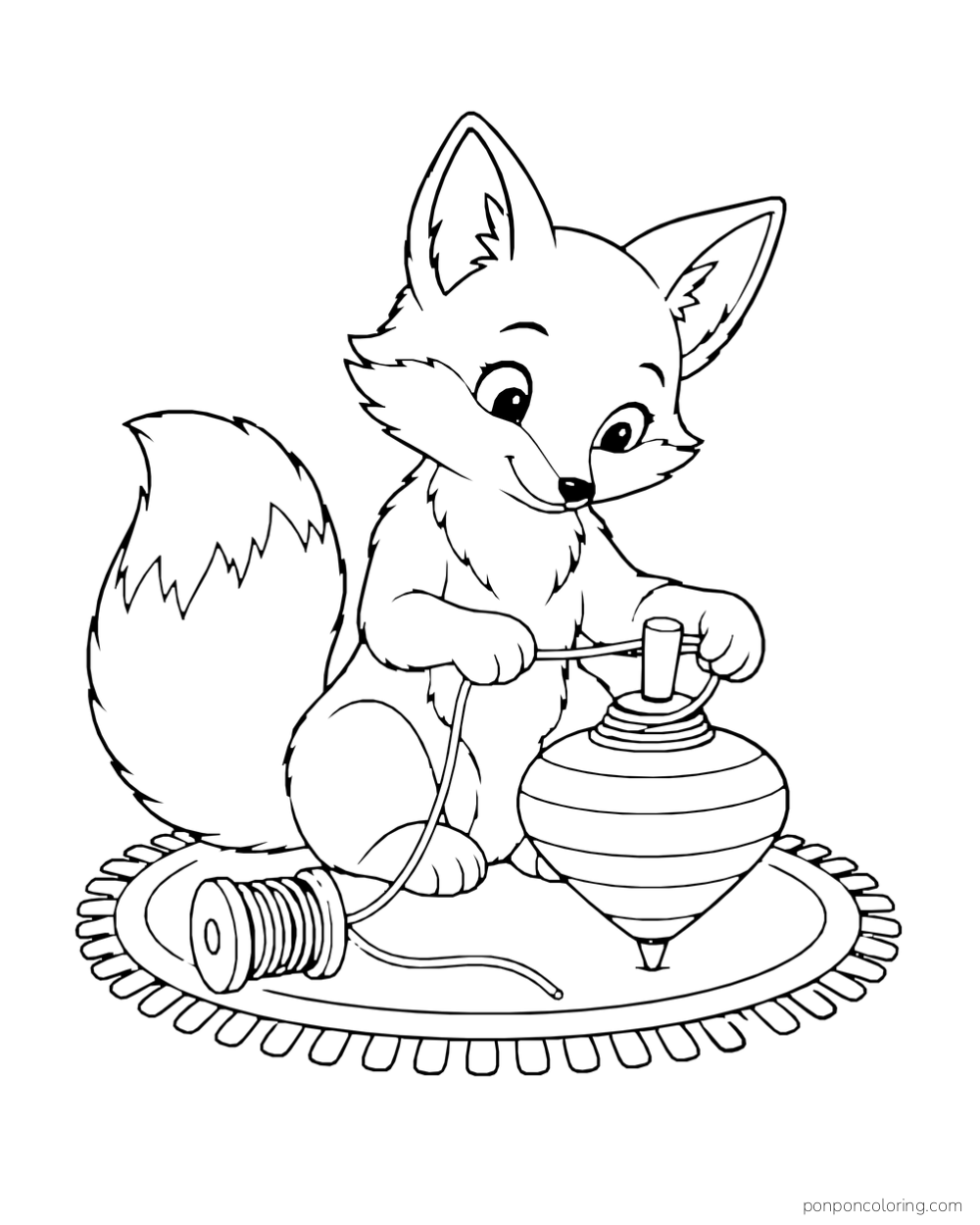 A seated fox wraps string around a large wooden spinning top on a mat.