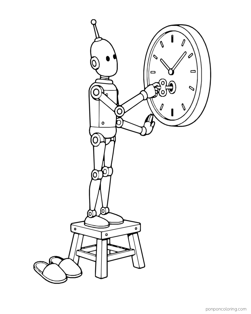 A tall robot winds a wall clock while standing on a stool.