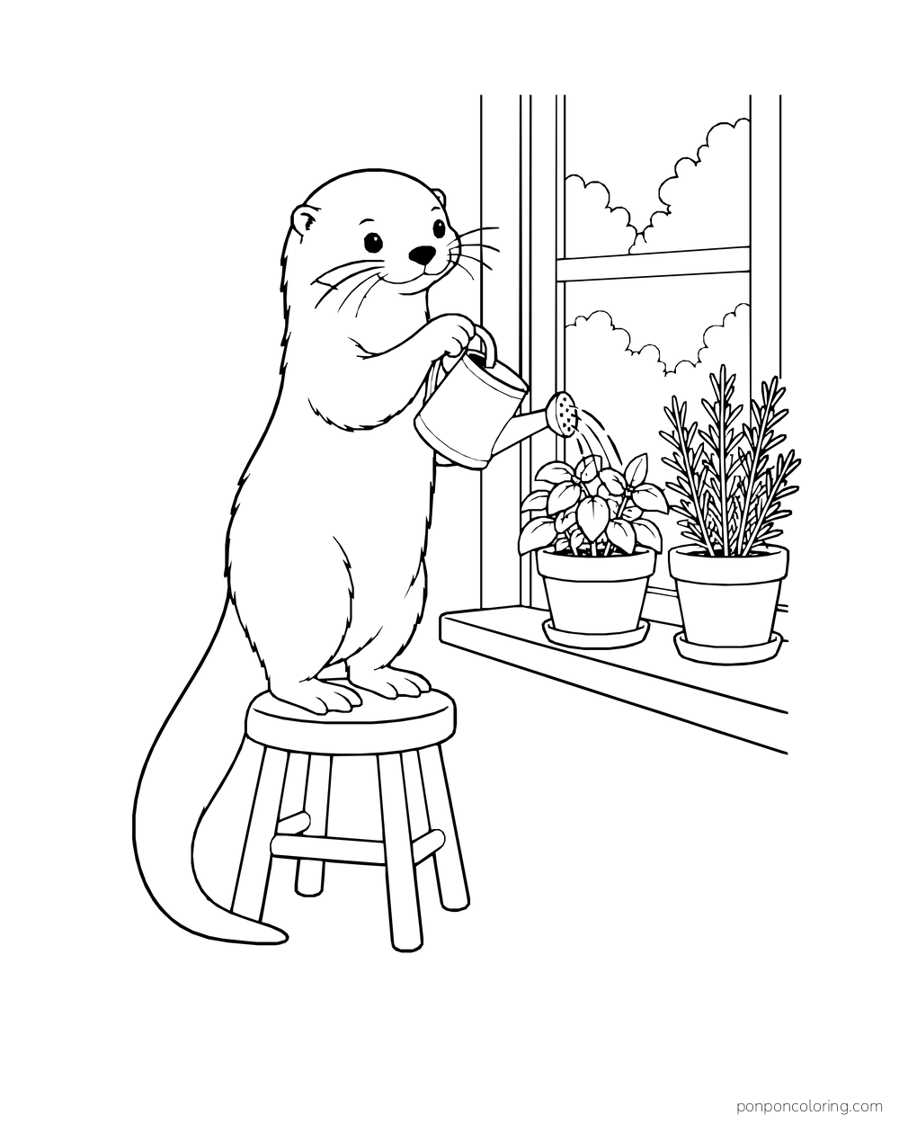 Otter on a stool watering two pots on a windowsill.
