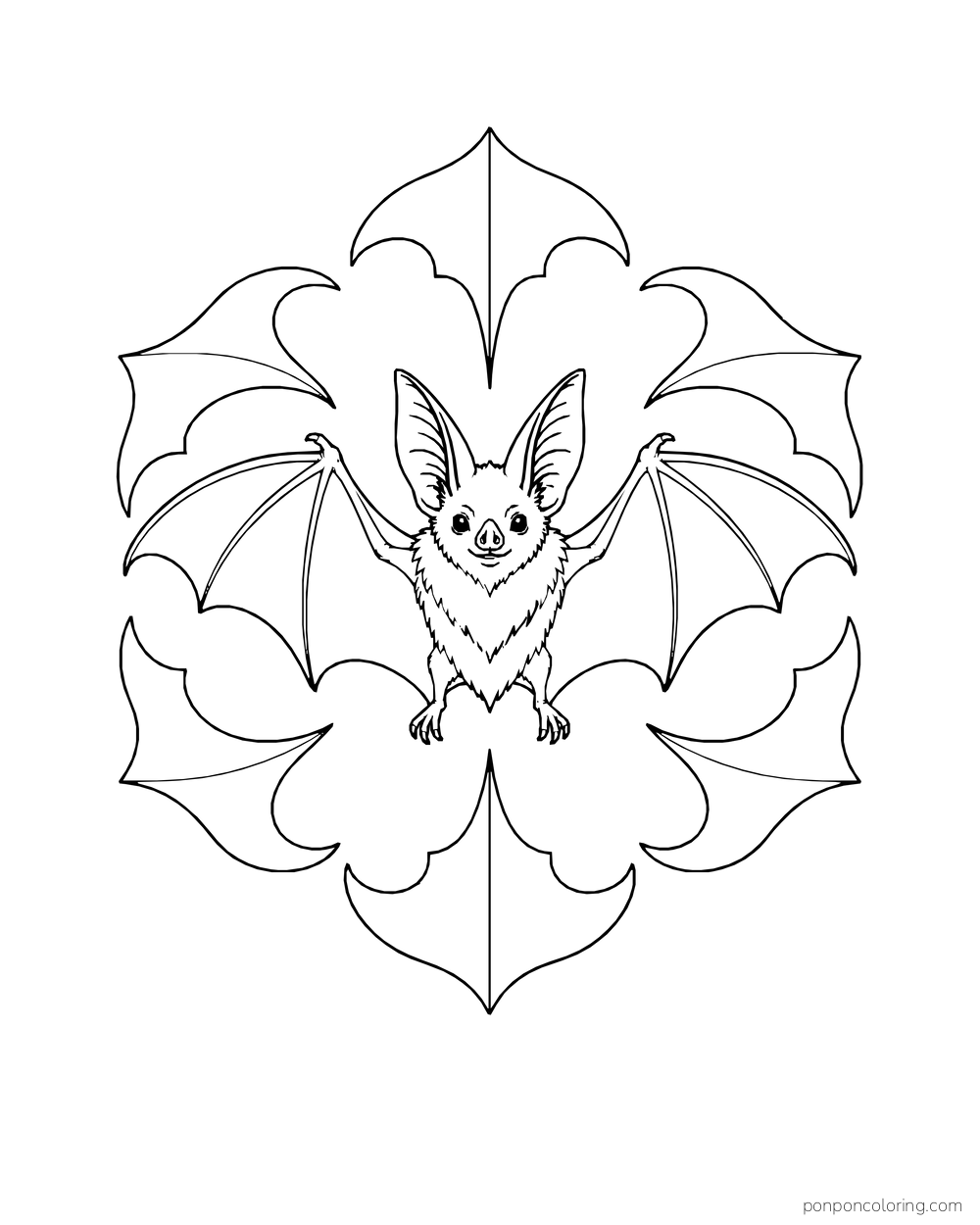 A front-facing bat is centered in a symmetrical rosette of wing-shaped scallops.