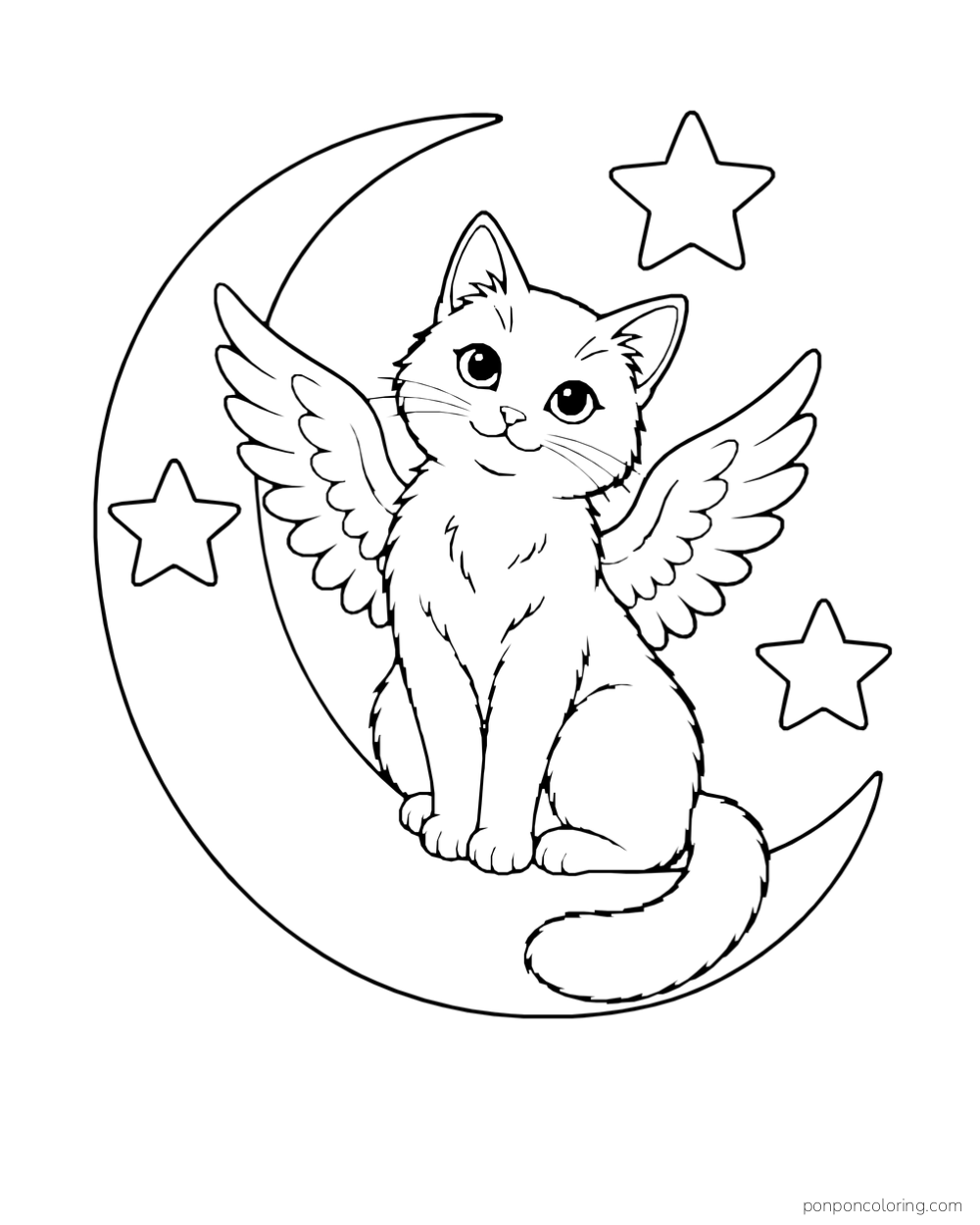 A winged cat sits on a crescent moon beside three stars.