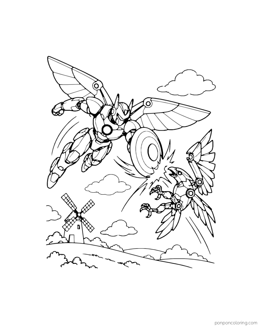 A winged mech deflects a rogue hawk drone near a windmill.