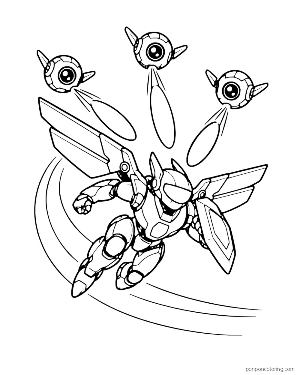 Winged mech evades three rogue sentry pods and their energy shots.