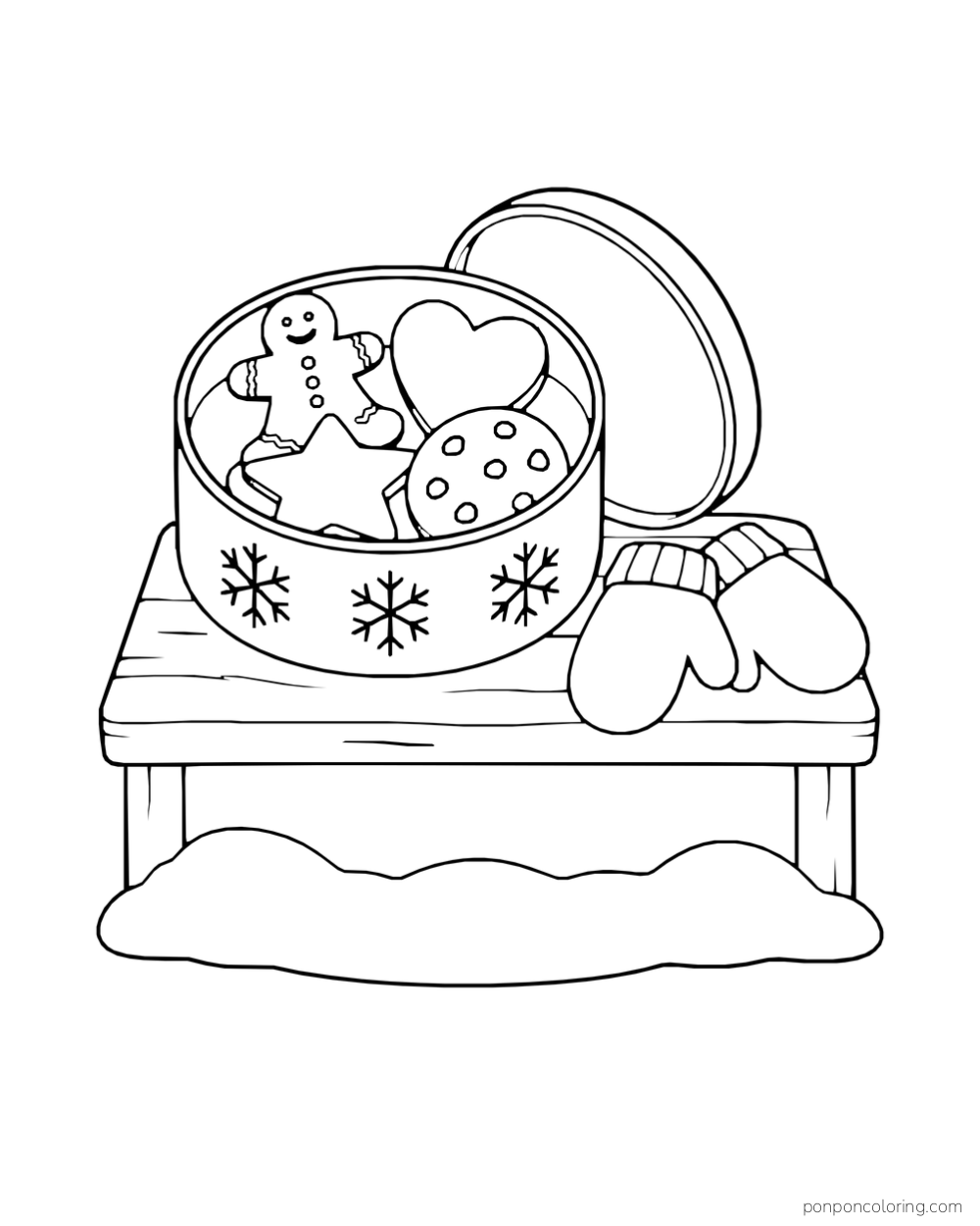 An open round tin holds gingerbread, heart, star, and round cookies on a snowy bench.